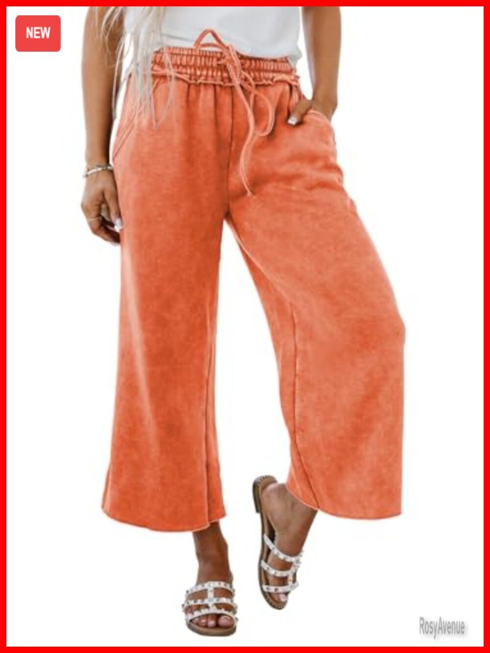 Womens High Waist Wide Leg Cropped Mineral Wash Pants with Drawstring